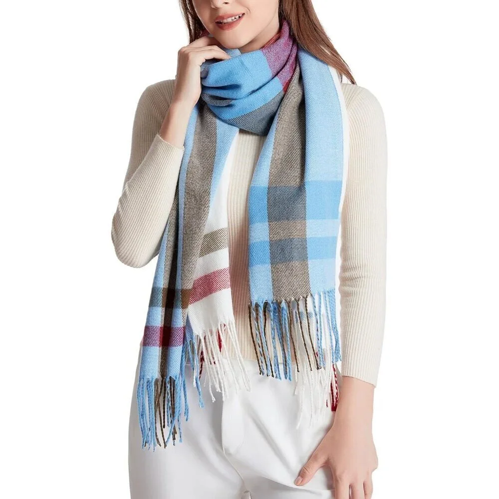 Women's Light Blue Fashion Long Shawl Big Grid Winter Warm Lattice Large Scarf